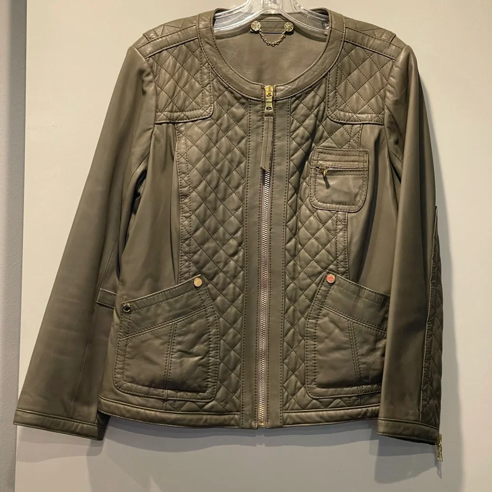 Tory Burch XL Leather Jacket Quilted Taupe/Gray Moto Style EUC - Picture 3 of 12
